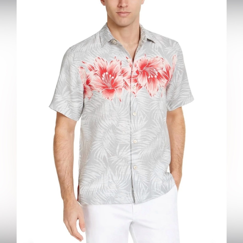 Tommy Bahama 100% Linen Camp Short Sleeve Button Front Shirt Floral Hibiscus Row